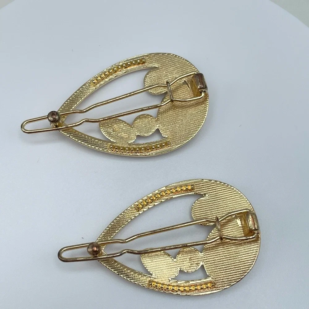 Vintage 80s Teardrop Hair Clips Set Gold & Silver Tone Rhinestone Bobby Pins Y2K